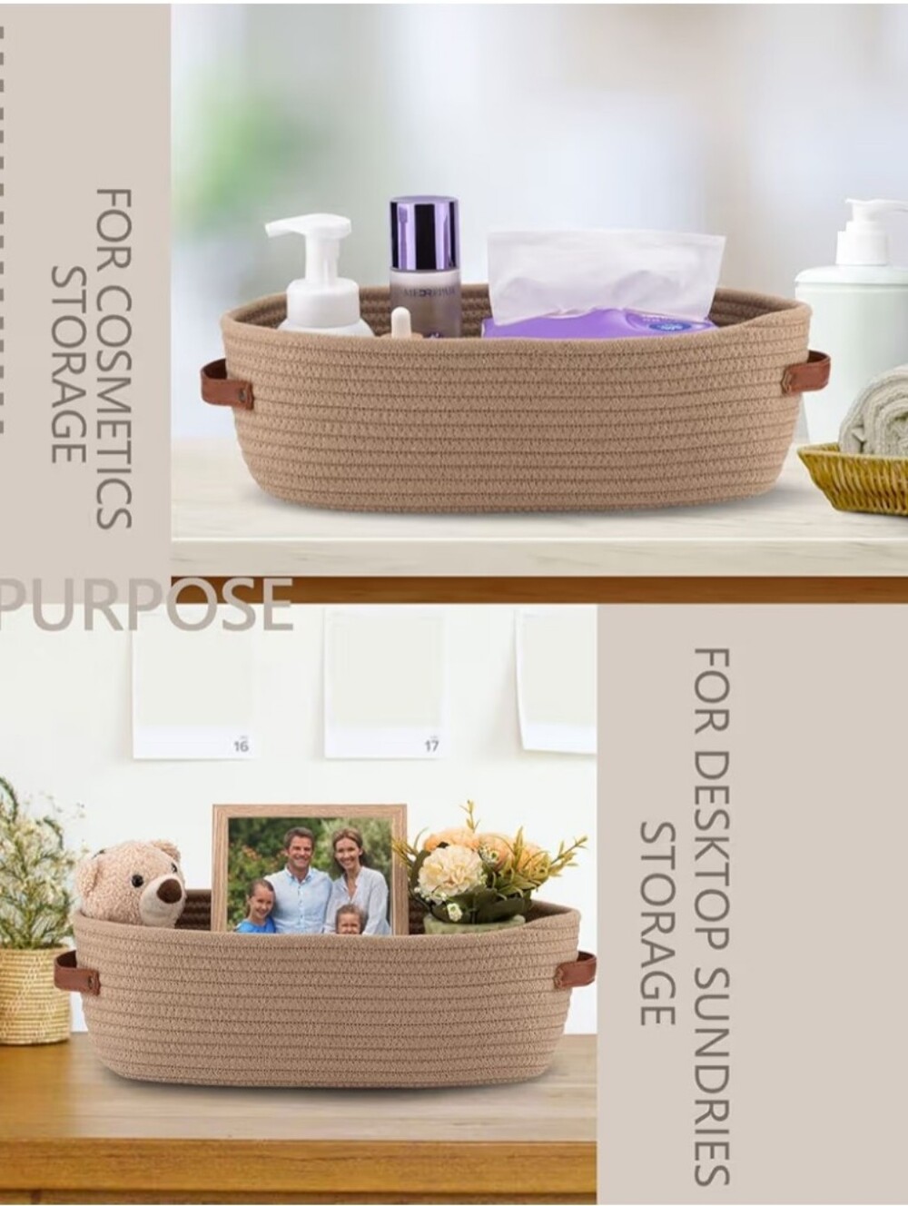 Woven Rope Storage Baskets with Leather Handles - Twin Set, Beige